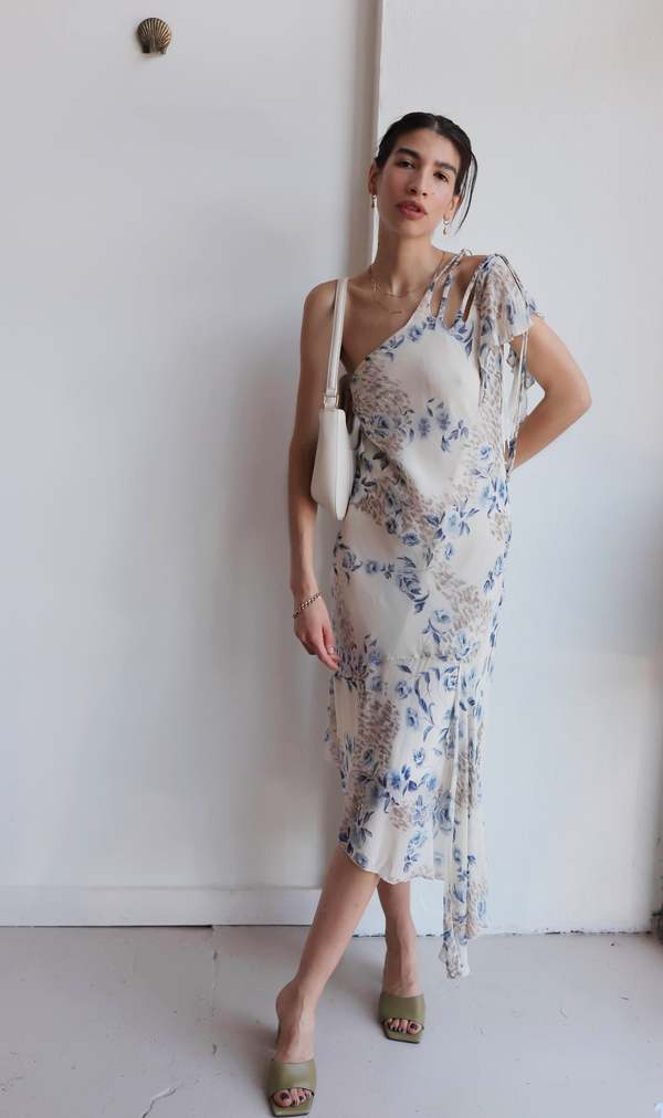 princess polly baby blue dress Vintage Blue & Cream Floral One Shoulder Dress