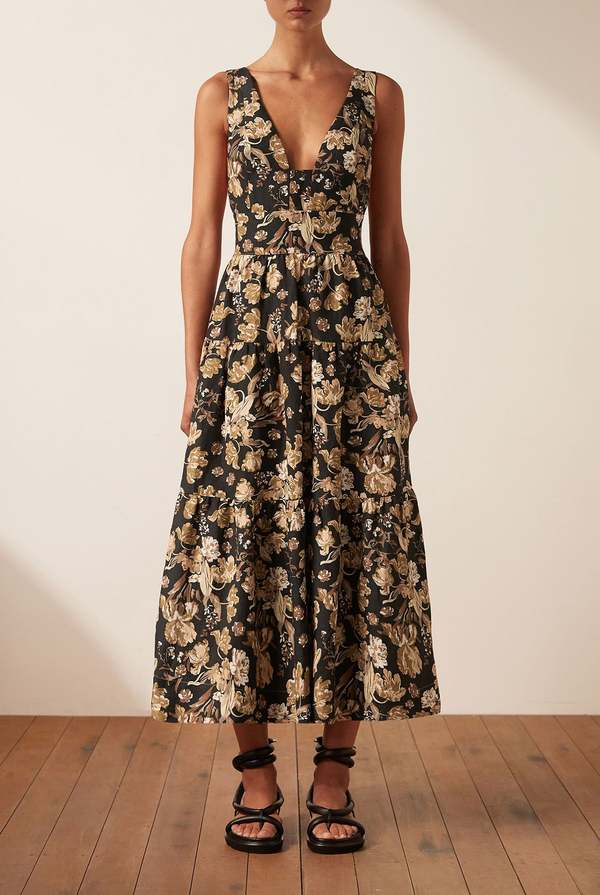 Shona Joy Linen Plunged Low Back Midi Dress - Palermo | Garmentory