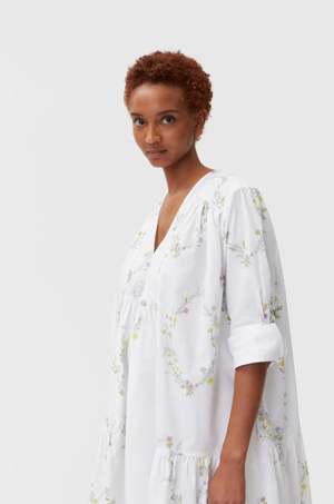 Ganni Printed Cotton Gathered Panel V Neck Dress - Floral Shape
