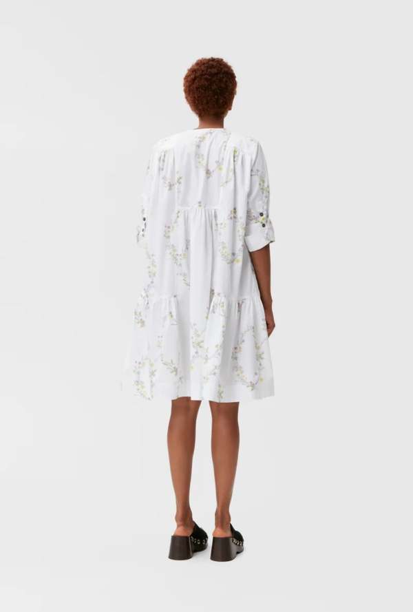 Ganni Printed Cotton Gathered Panel V Neck Dress - Floral Shape