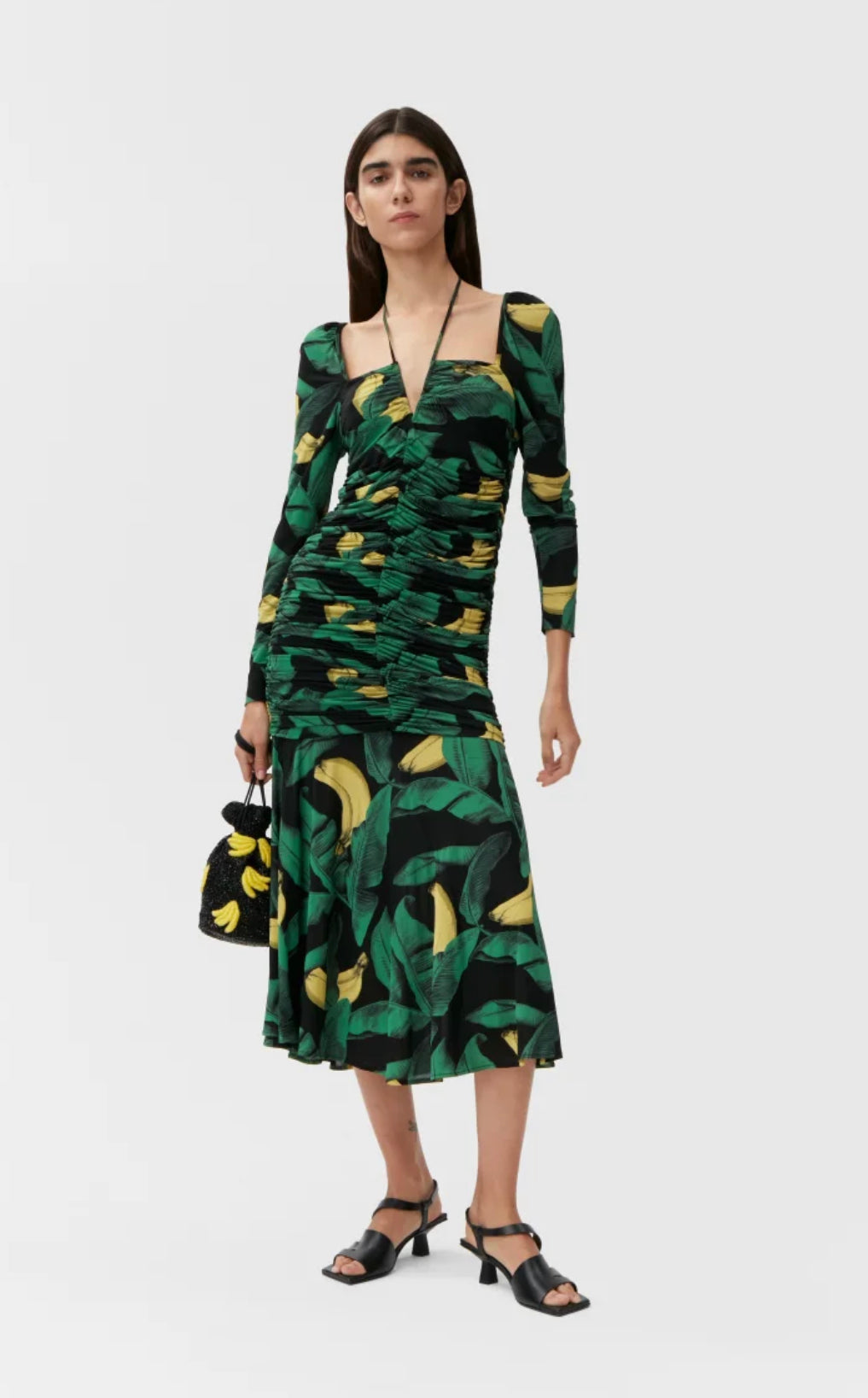 【GANNI】Printed Lycra Jersey Gaddard Dress/全国送料込み Ganni Printed Draped Jersey Gathered Midi Dress - Black