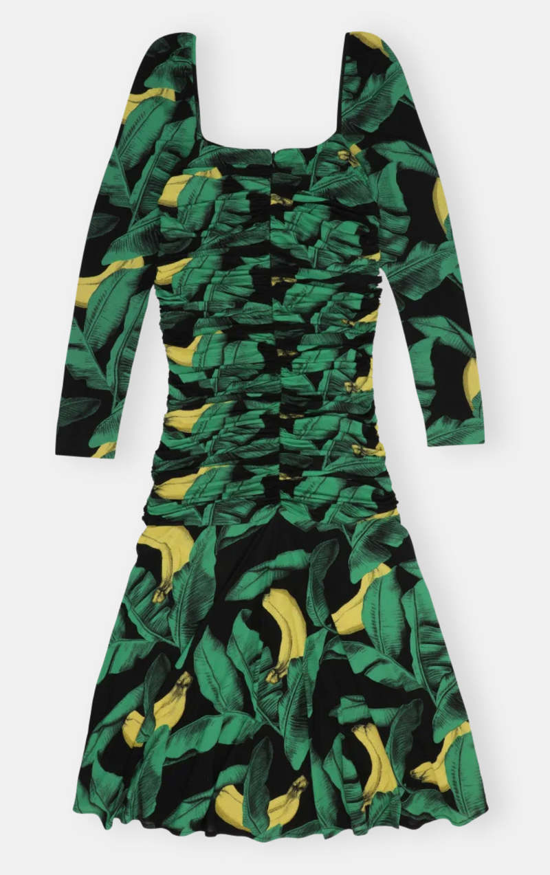 Ganni Printed Draped Jersey Gathered Midi Dress - Black