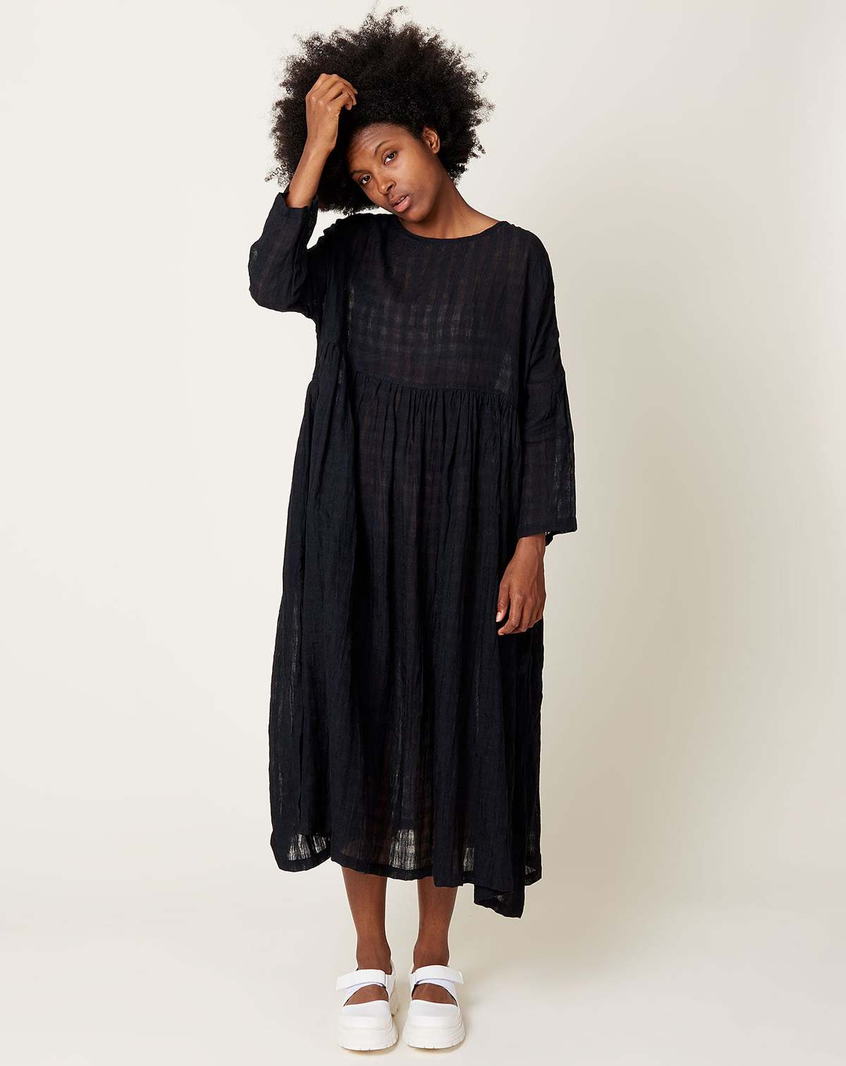 ichi antiquités Linen Gingham Dress - Black | Garmentory