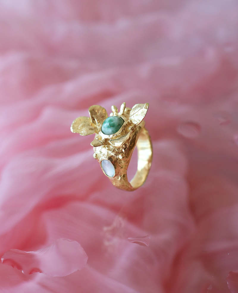 Ora-C Jade Blossom Ring - Brass