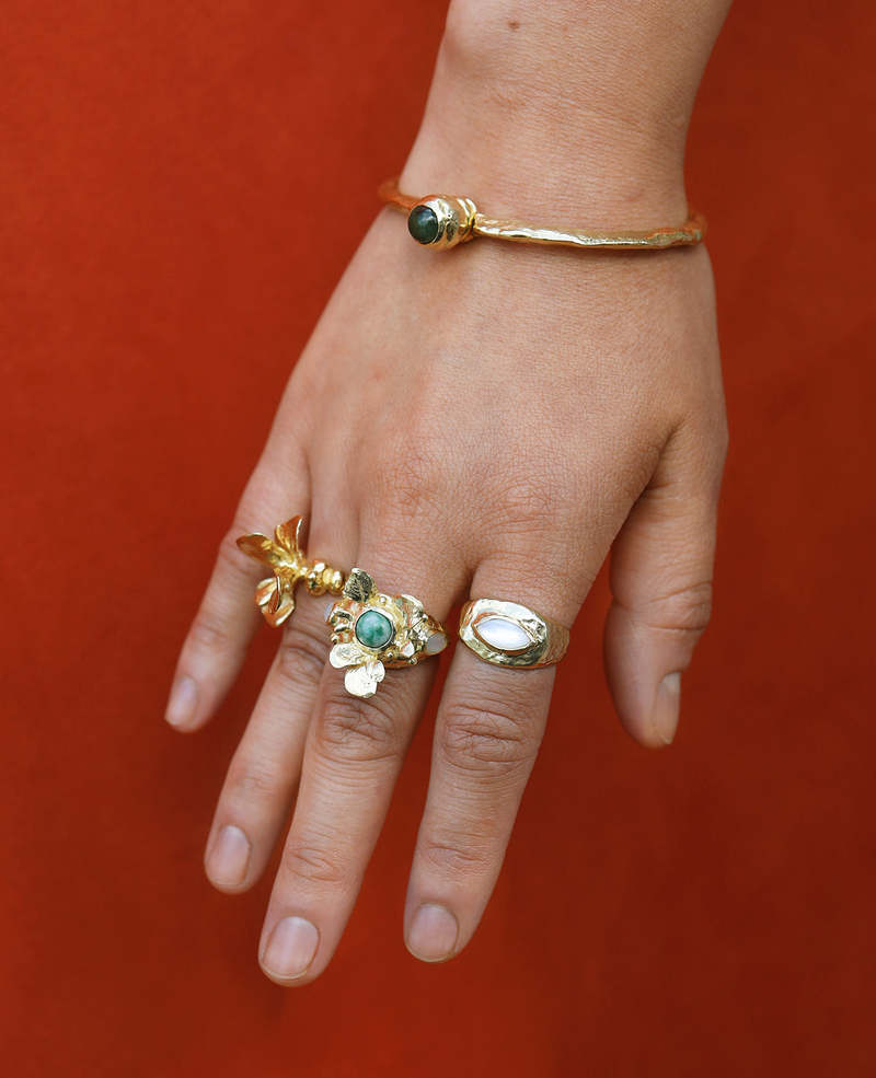 Ora-C Jade Blossom Ring - Brass