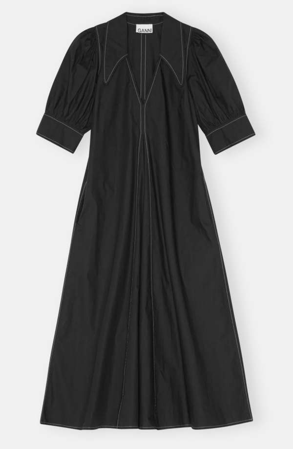GANNI　Cotton Poplin Maxi Dress Ganni Cotton Poplin Gathered Open-neck Maxi Dress | David Jones