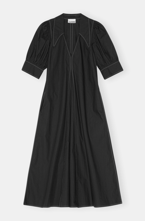 Ganni ■Cotton Poplin V-Neck Maxi Dress - Black GANNI Women's Cotton Poplin V-Neck Maxi Dress in Black GANNI