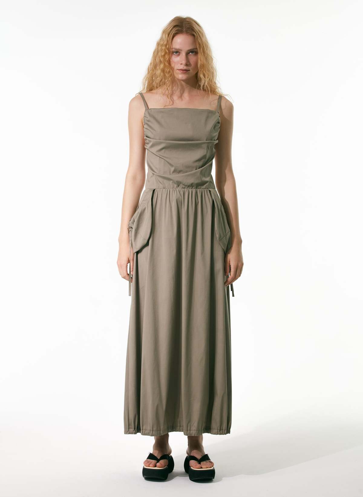 Theopen Product Patch Pocket Shirring Dress - Khaki | Garmentory