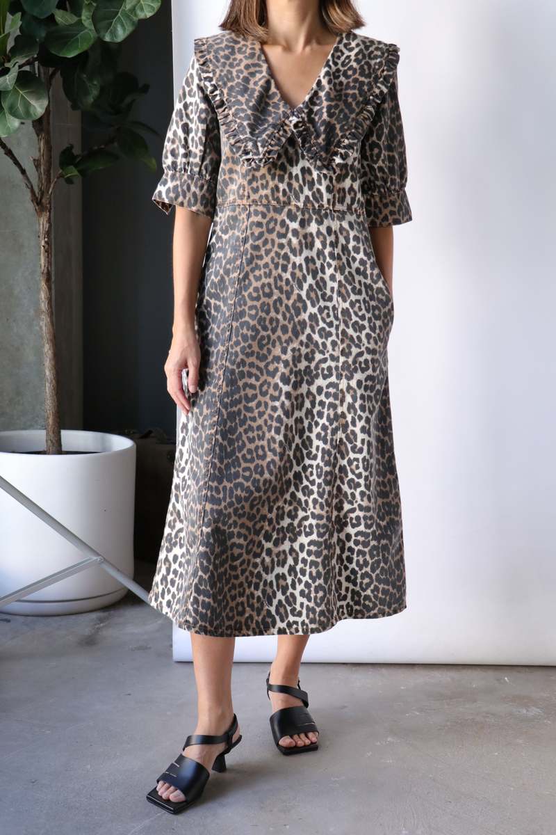 Ganni Print Denim Frill Collar Midi Dress - Leopard | Garmentory