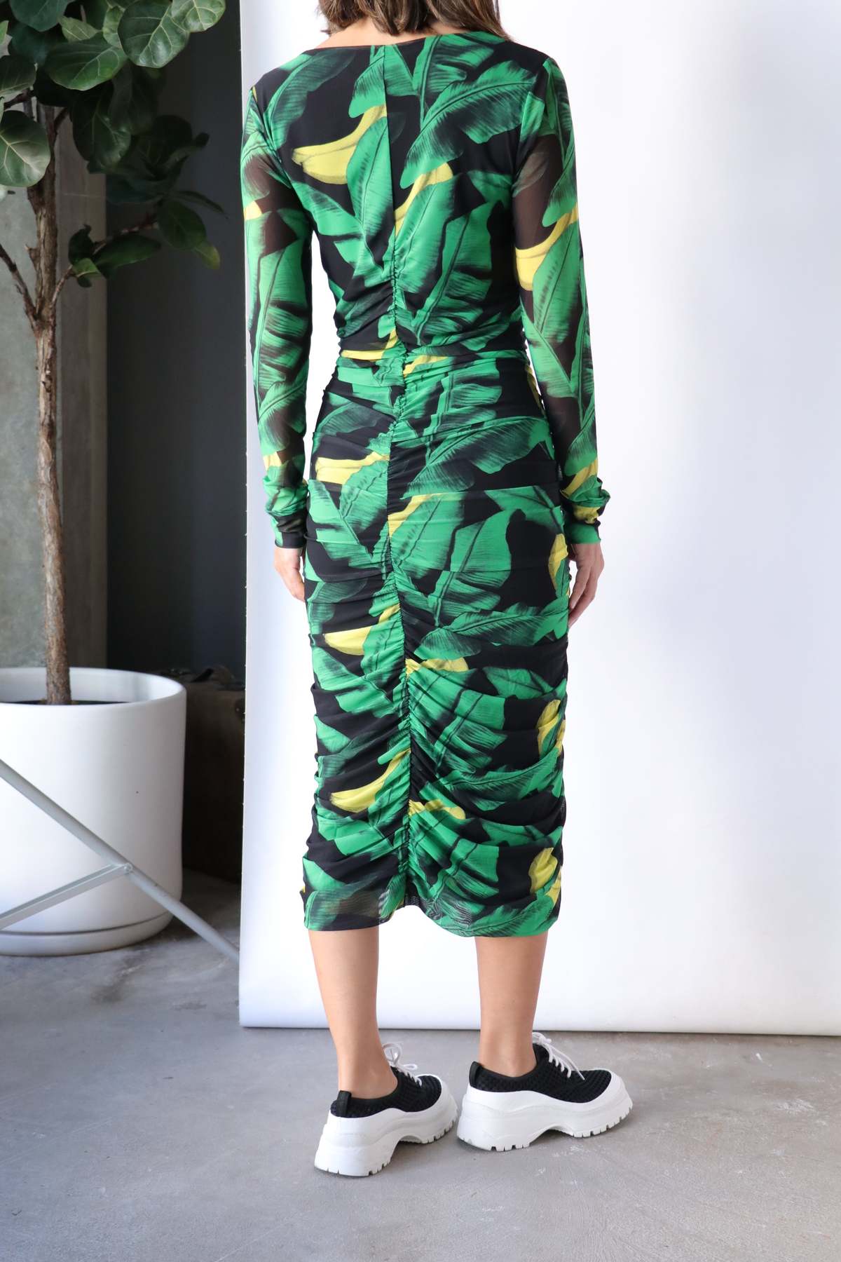 Ganni Printed Mesh U Neck Gathered Panel Dress - Green/Black | Garmentory