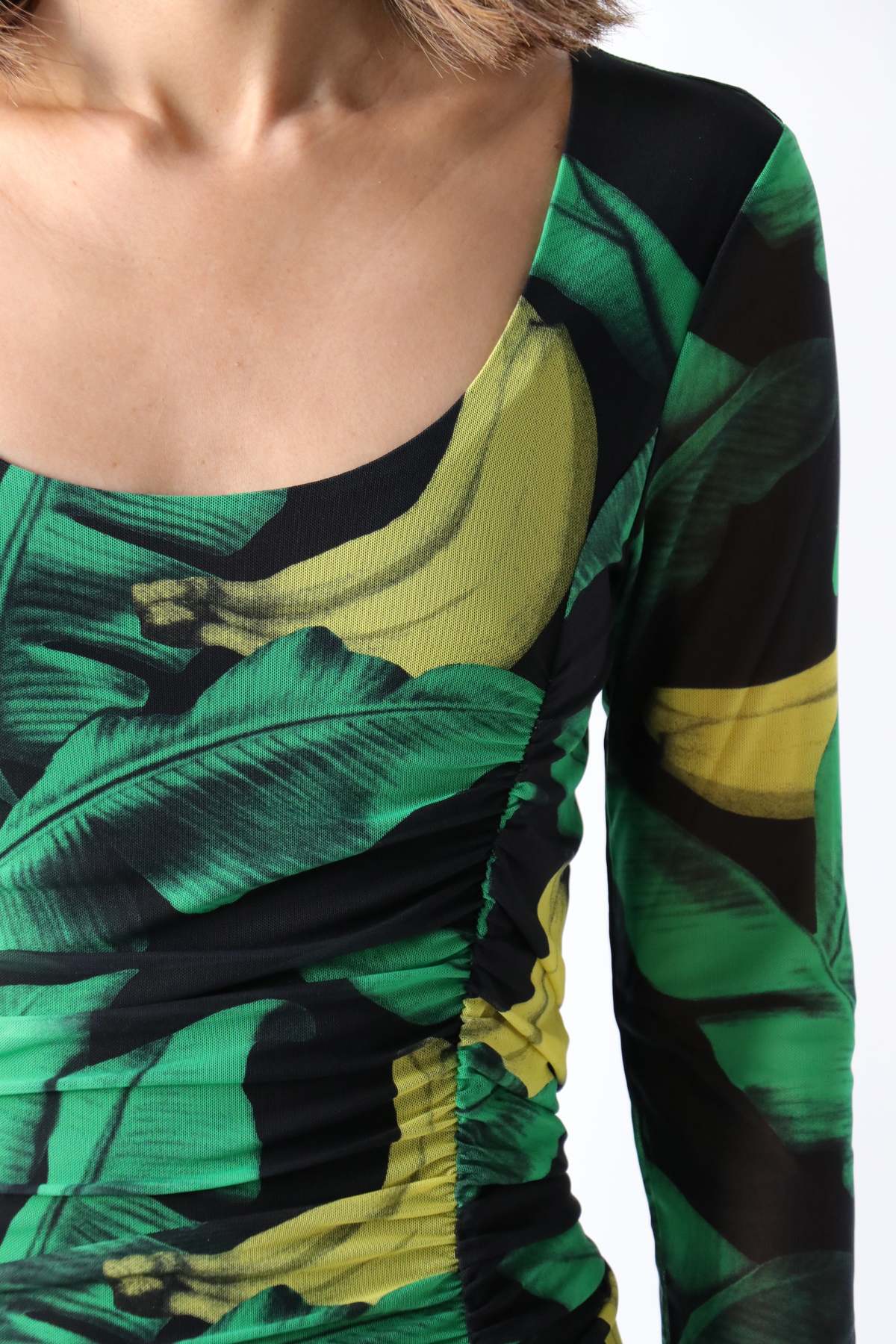 Ganni Printed Mesh U Neck Gathered Panel Dress - Green/Black | Garmentory Ganni Printed Mesh U Neck Gathered Panel Dress - Green/Black | Garmentory
