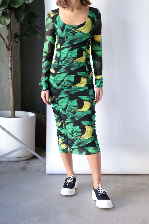 black and green mesh dress Plus Size Long Sleeve Metallic Floral Mesh Ruched Ankle Dress In Black Emerald, Black/Emerald / Plus Size / 22