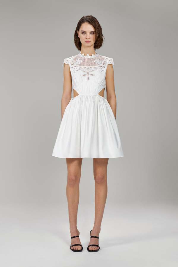 Self Portrait Cotton Guipure Lace Bib Mini Dress - white on Garmentory Self Portrait Cotton Guipure Lace Bib Mini Dress - white on Garmentory