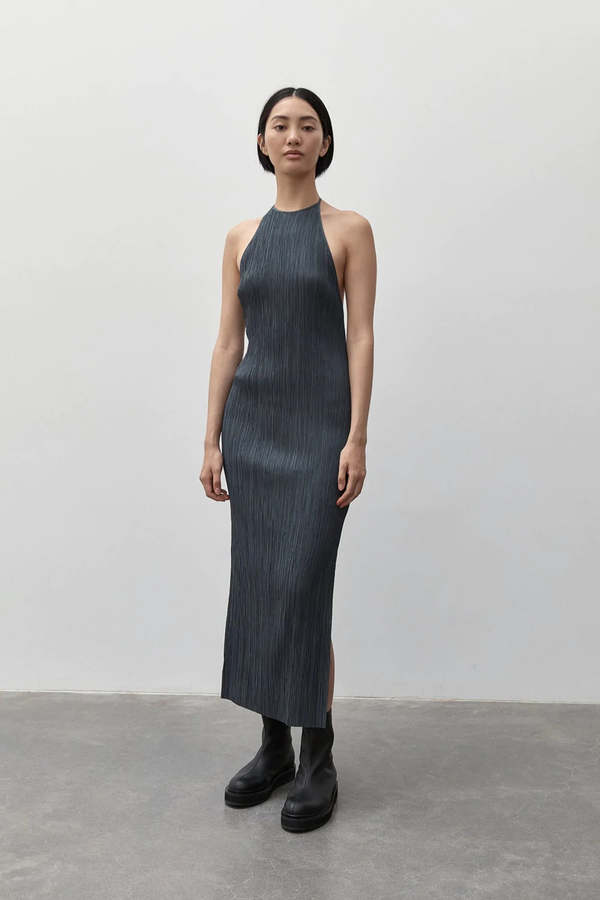 St. Agni The Pleated Halter Dress - Charcoal | Garmentory