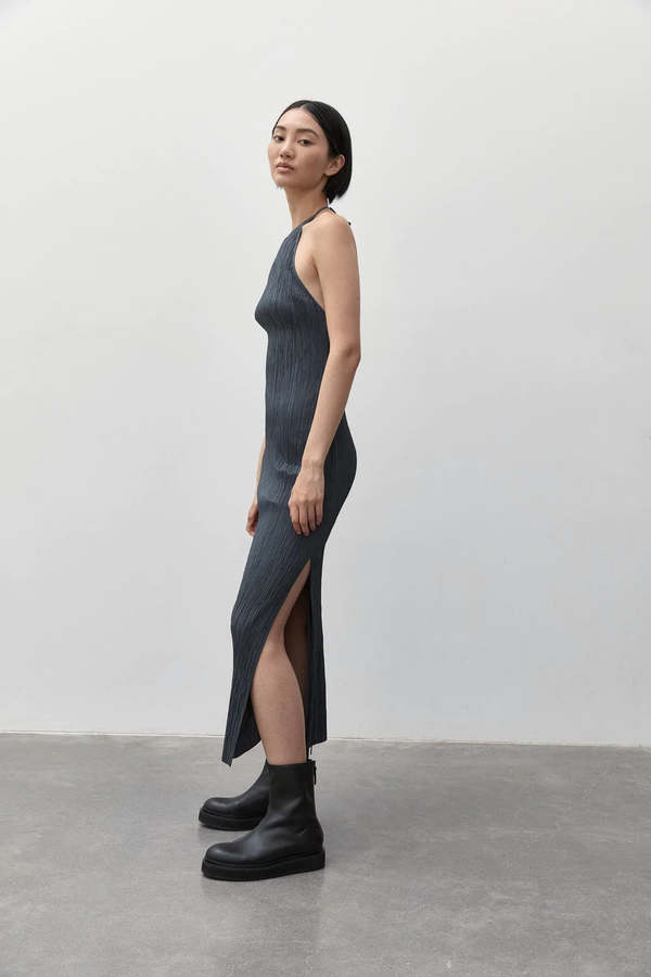 St. Agni The Pleated Halter Dress - Charcoal