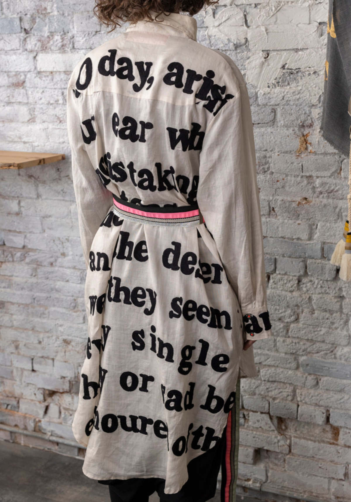 Karien Belle Atoms Embroidered Poetry Linen Shirt Dress - Cream/Black | Garmentory Karien Belle Atoms Embroidered Poetry Linen Shirt Dress - Cream/Black | Garmentory