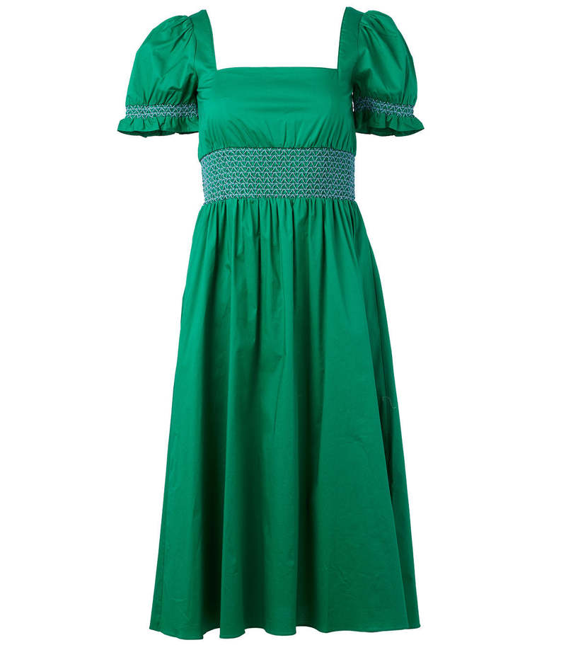 HVN Holland Dress with Smocked Waist - Green/Blue | Garmentory