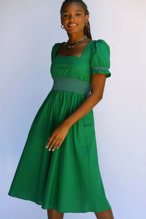 HVN Holland Dress with Smocked Waist - Green/Blue | Garmentory HVN Holland Dress with Smocked Waist - Green/Blue | Garmentory