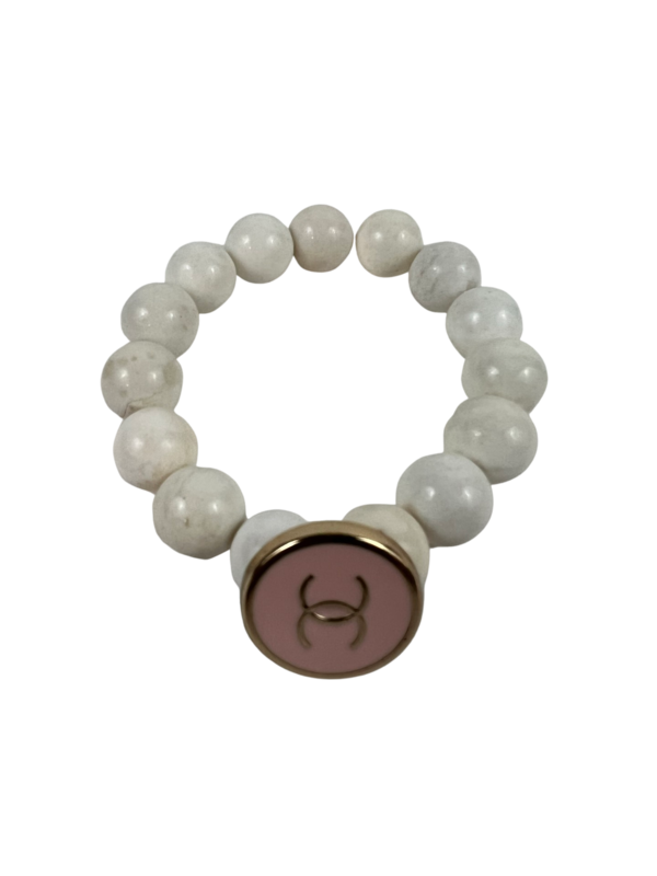 Farah Bean White Opal Beaded and Repurposed Designer Button Bracelet