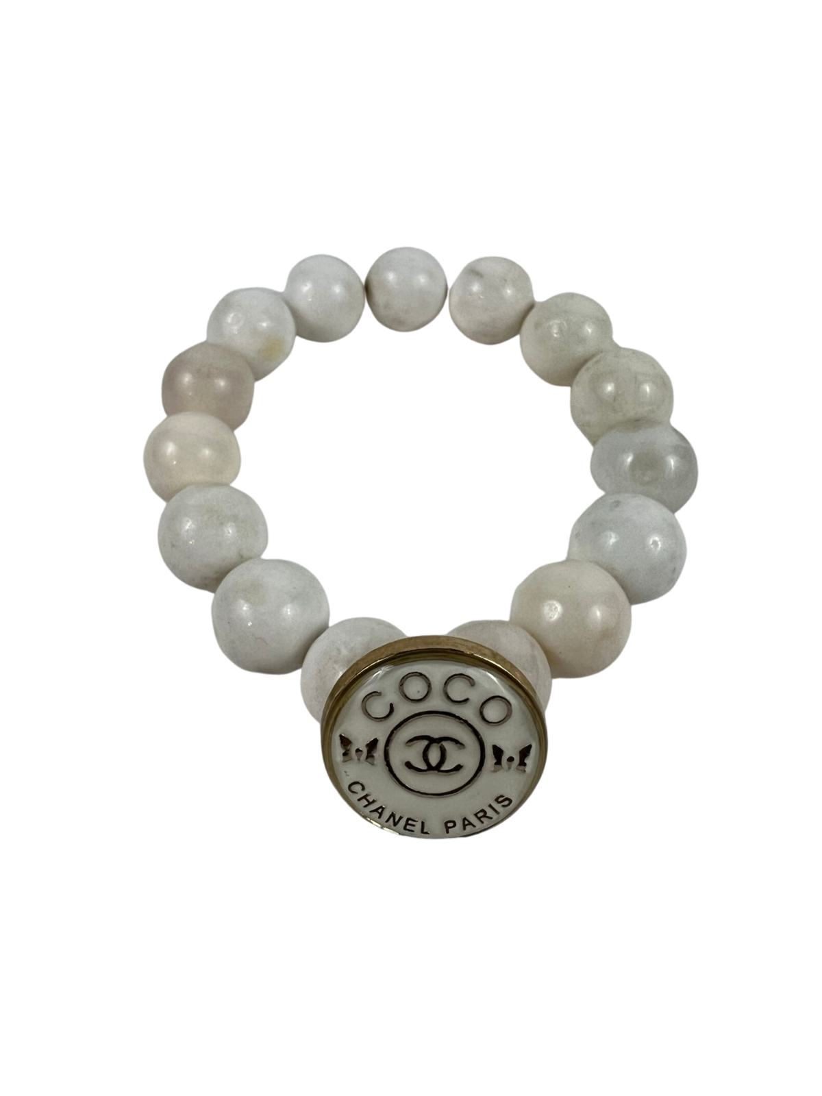 Farah Bean White Opal Beaded and Repurposed Designer Button Bracelet