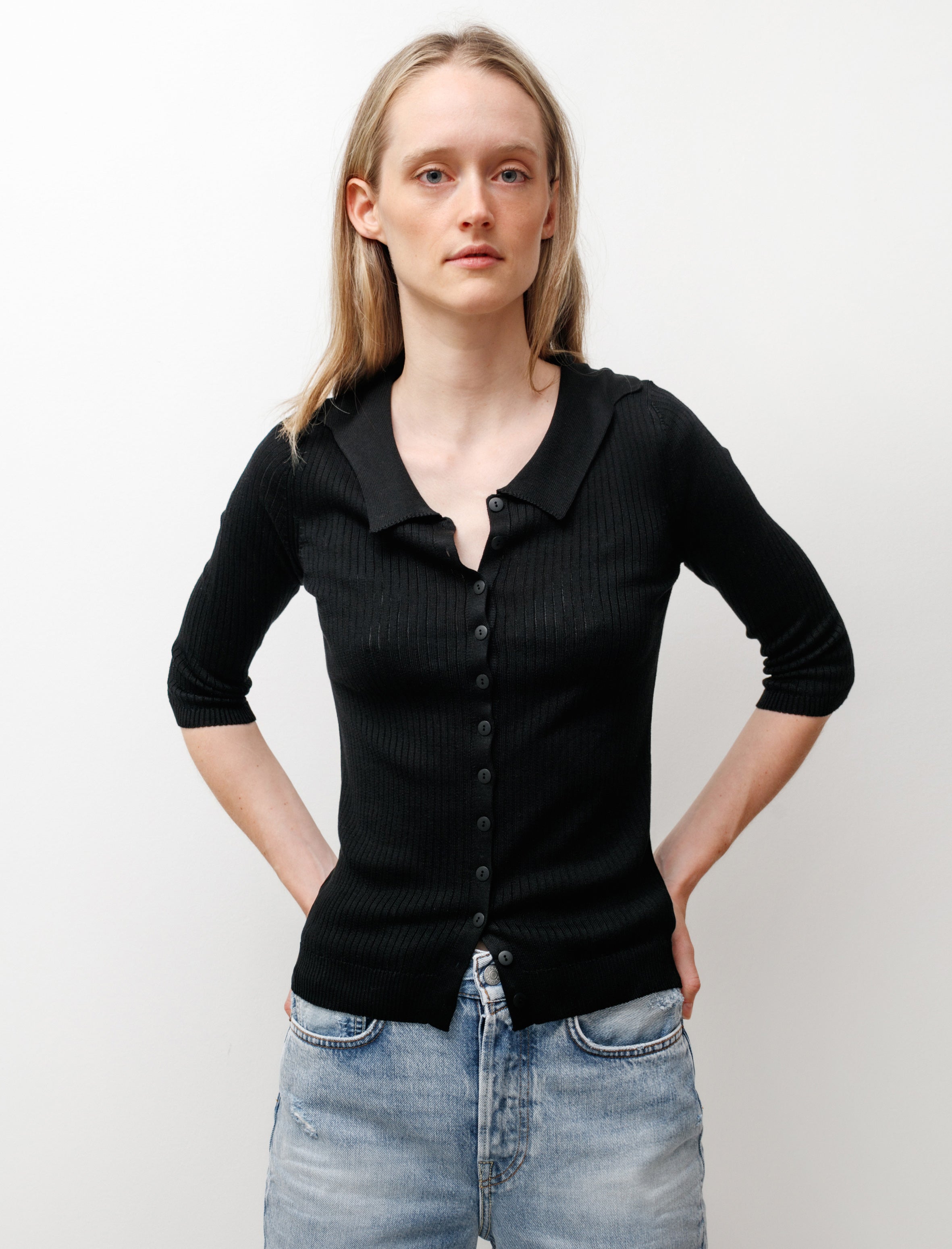 Une Heures 3/4 Sleeve Sailor Button Polo - Noir | Garmentory