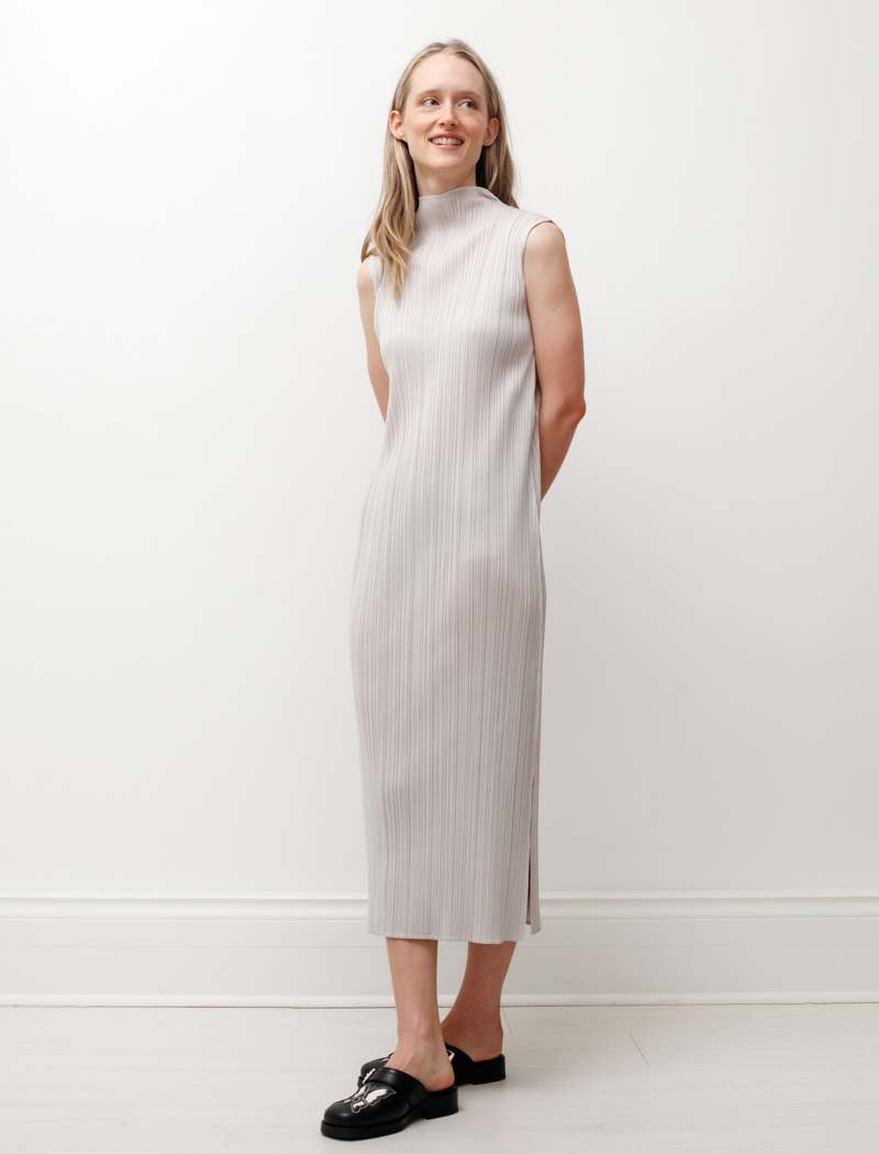 Pleats Please by Issey Miyake Mockneck Long Dress - Light Grey