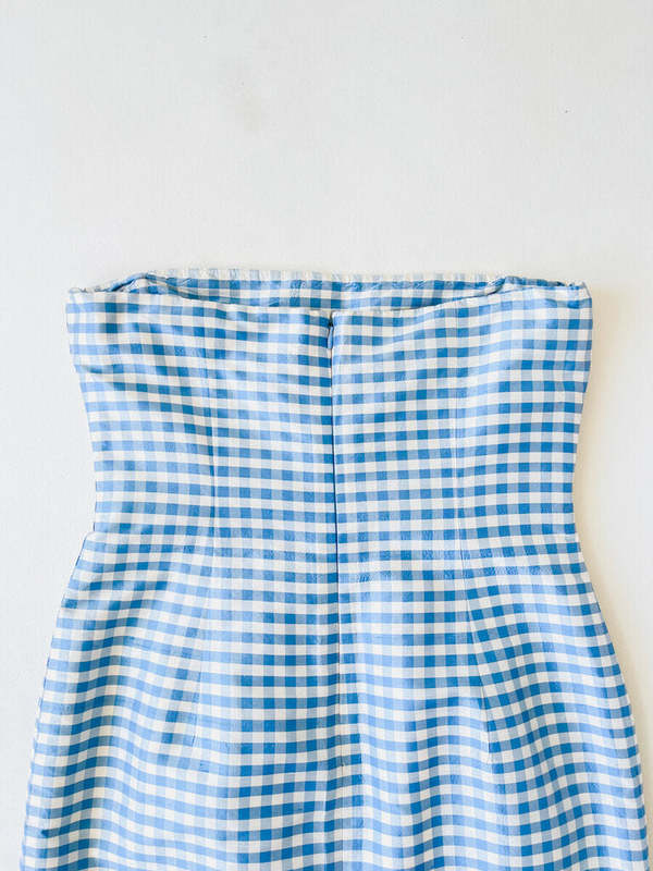 Vintage Ralph Lauren Strapless Silk Dress - Blue Gingham | Garmentory