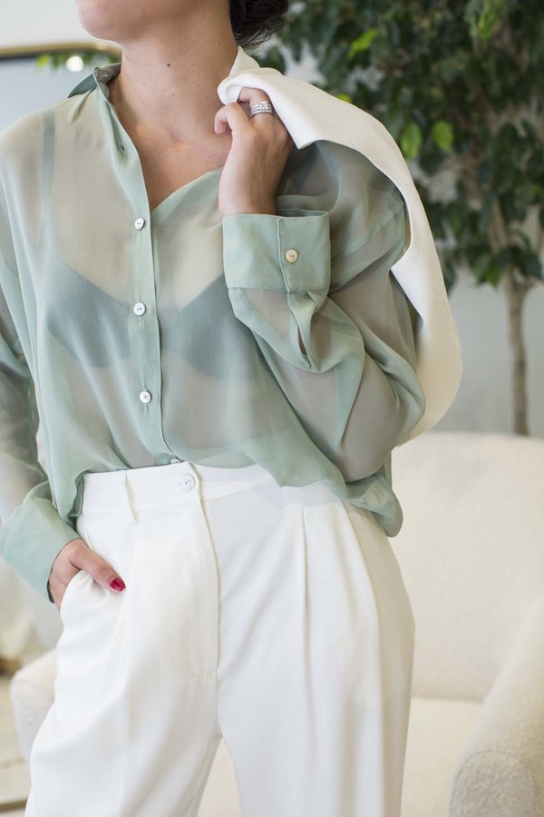 DONNI Silk Button Down - Eucalyptus | Garmentory