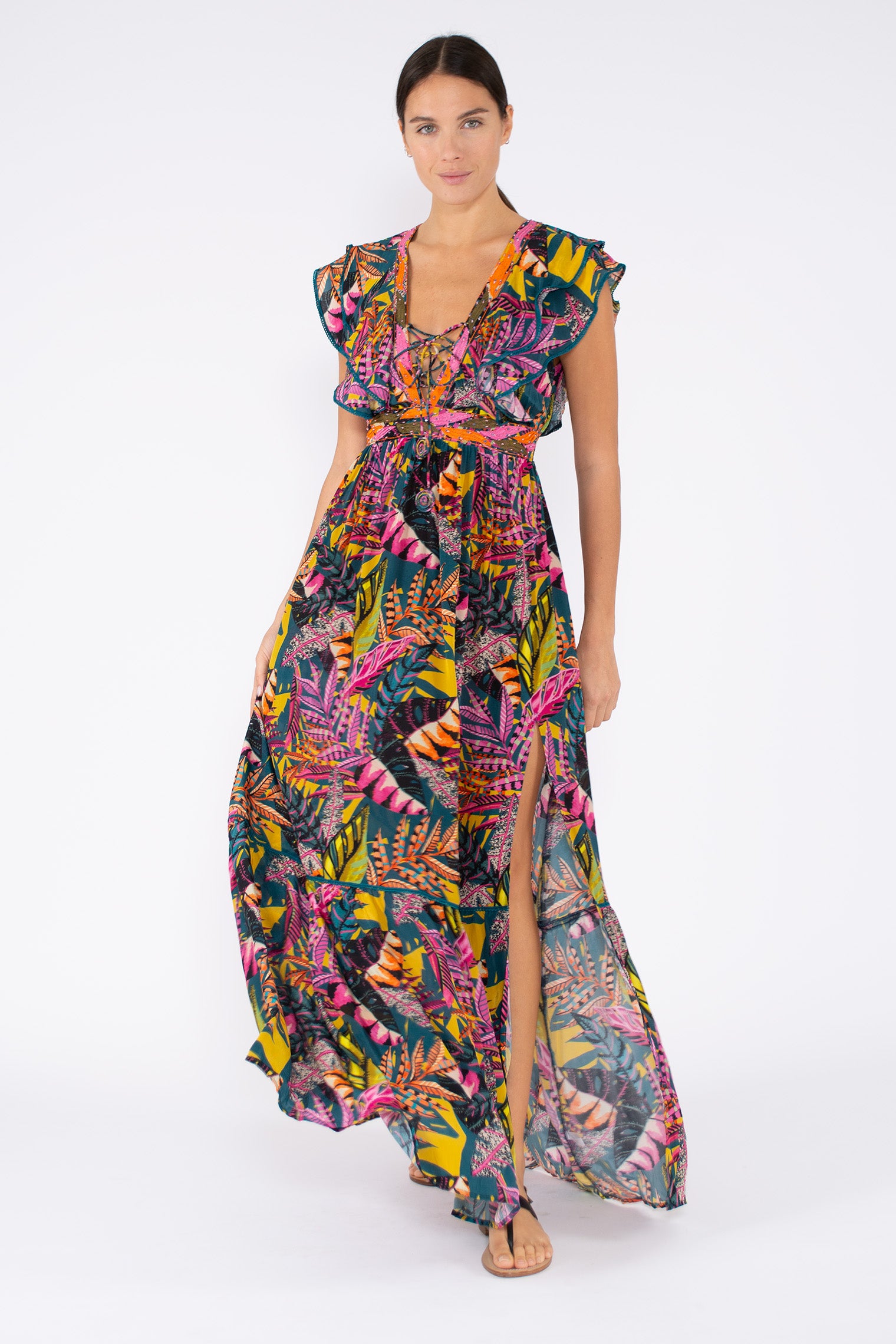 knee length dresses for ladies Flamingo Maxi Long Hawaiian Cocktail Dress Cream / 2XL main image 1