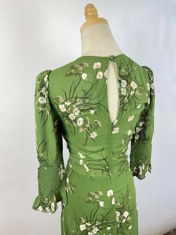 slim fit dress slacks Reformation Mini Wrap Dress Green Ruffled Floral Print Crepe Size Extr   Celebrity Owned