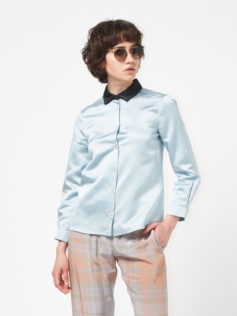 Miu Miu W Collar Silk Shirt - Blue/Black | Garmentory