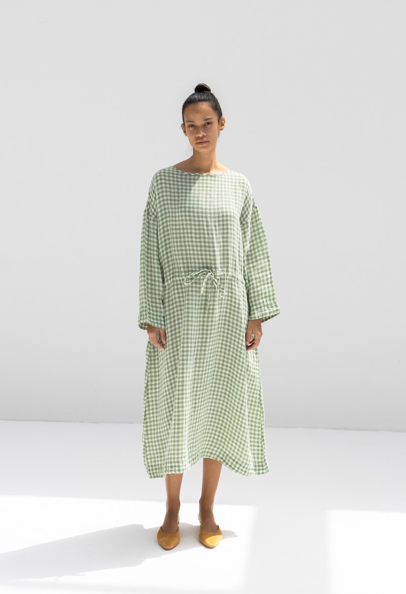 限定　ICHI Antiquite's / linen one-piece GR Ichi Antiquites Linen Gingham Dress - White/Green | Garmentory
