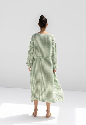 Ichi Antiquites Linen Gingham Dress - White/Green | Garmentory