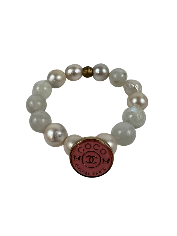 Farah Bean Pearls & Moonstone + Repurposed Designer Button Bracelet