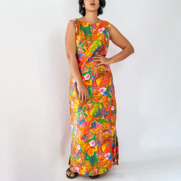 60s flowy dress 60s Silk Block Print Maxi Dress