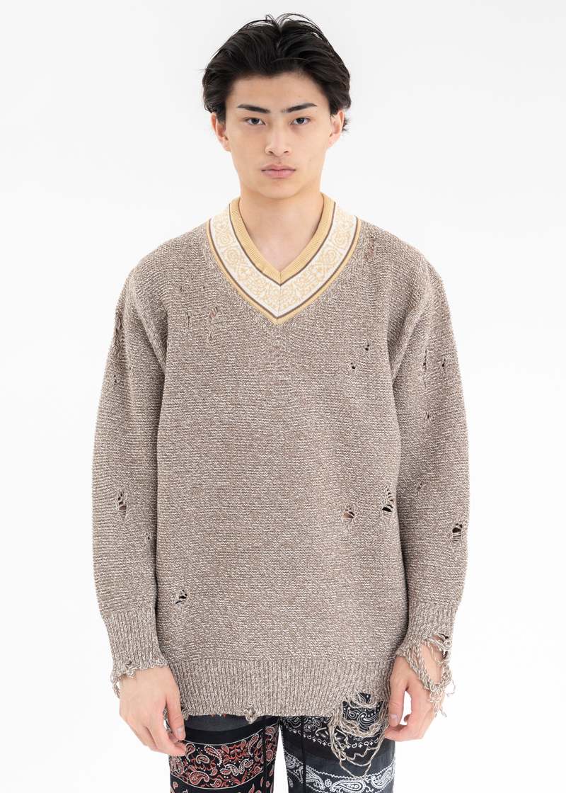 Children Of The Discordance 5g Oversized Damage Vneck Knit - Beige 