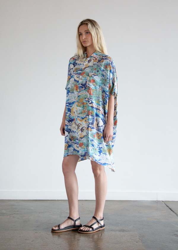 hawaiian shirt dress Aloha ~ Mahi'ai Kalo X Wai a contemporary womenswear brand recognized for garments that are equally easy and luxe Dress Keahi Teal Hawaiian Seashell