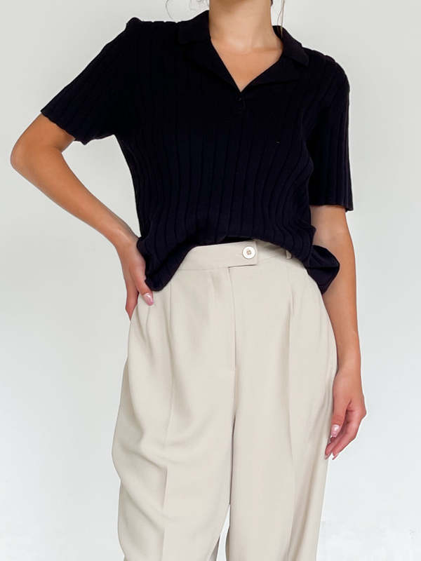 Ribbed Knit Collared Shirt Black Garmentory