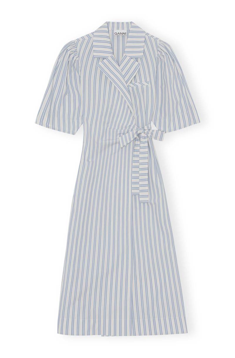 Ganni Striped Cotton Wrap Dress - Forever Blue | Garmentory