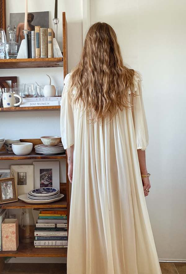 The Ludlow Shop Cream Silk Chiffon House Dress with Lace