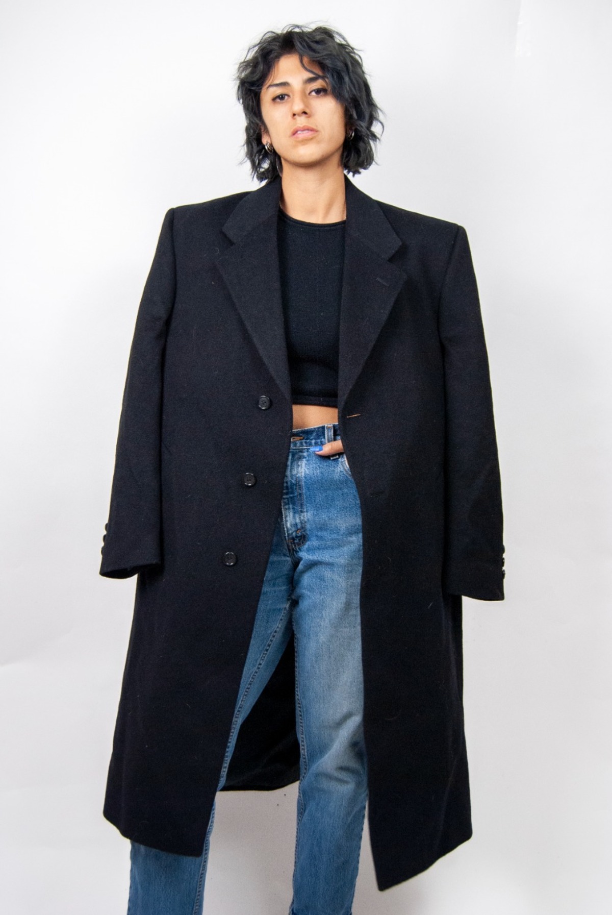 90s black wool and cashmere long coat / | Garmentory