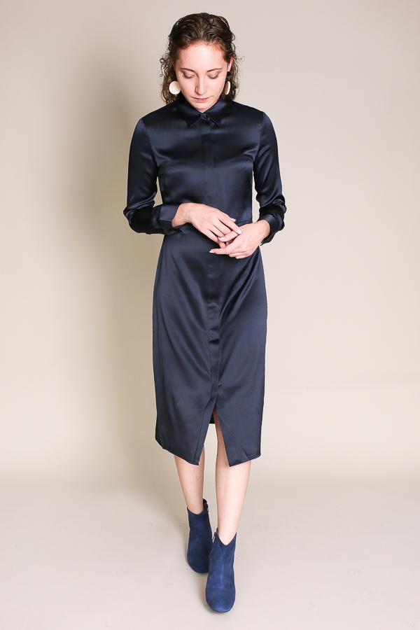 navy satin shirt dress