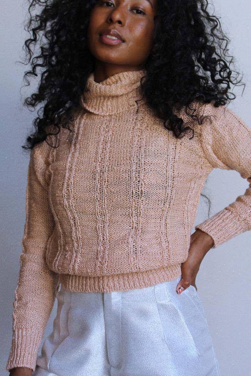 Vintage Women 1970s Open Weave Knit Turtleneck Sweater Peach