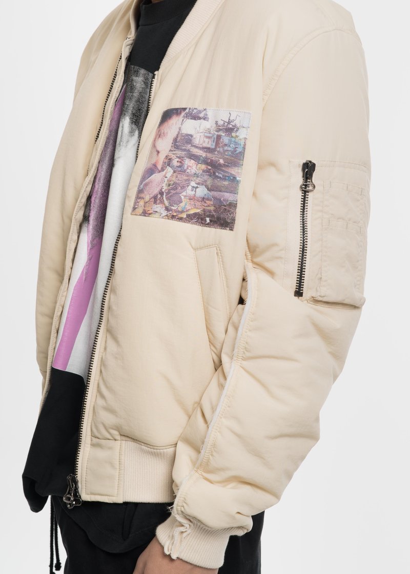 Komakino Bomber JACKET with Cuts and Patches - Cream Komakino Bomber JACKET with Cuts and Patches - Cream