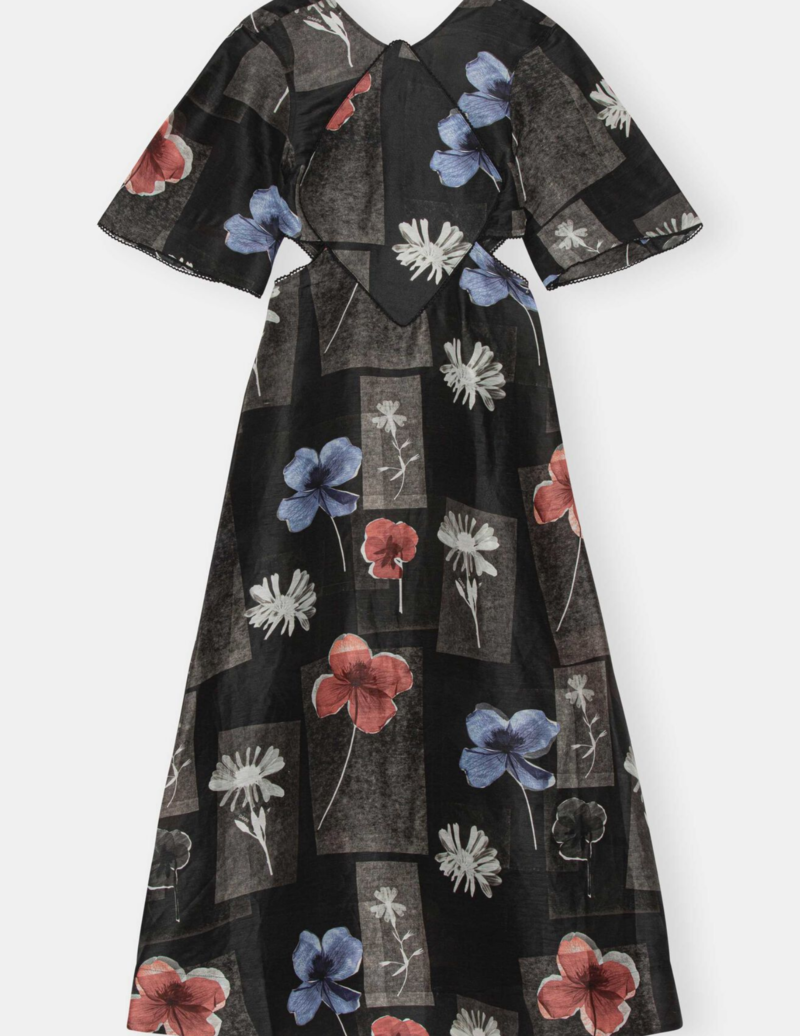 knee length dresses for ladies Ganni Black Floral Linen And Silk Maxi Cut Out Detail Dress UK 6