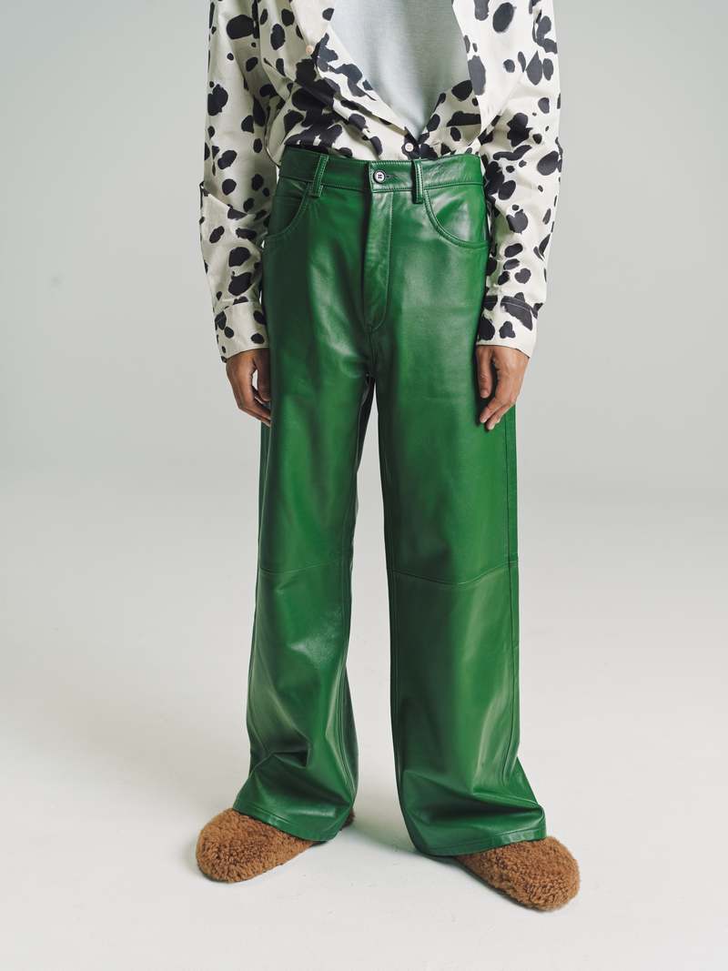 Marni Calf Leather Wide Flare Trousers - Green | Garmentory