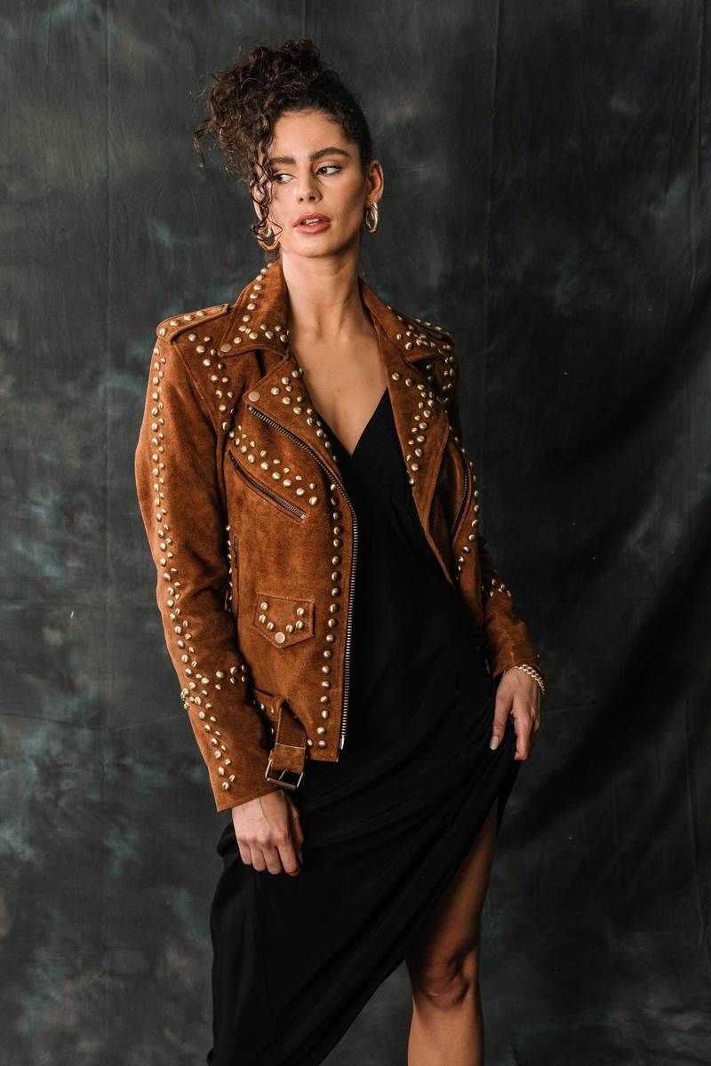 Understated Leather Suede Dome Studded Jacket - Tan | Garmentory