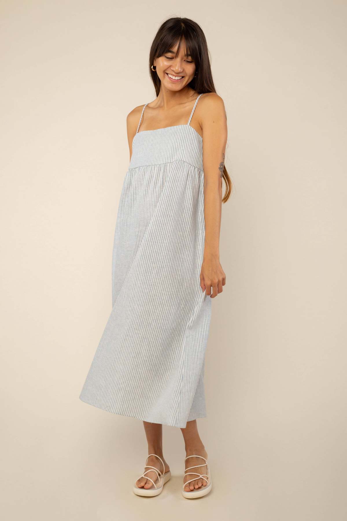 knee length dresses for ladies Roade Porto Blue Stripe Linen Midi Dress Organic Sustainable – The Fairnest