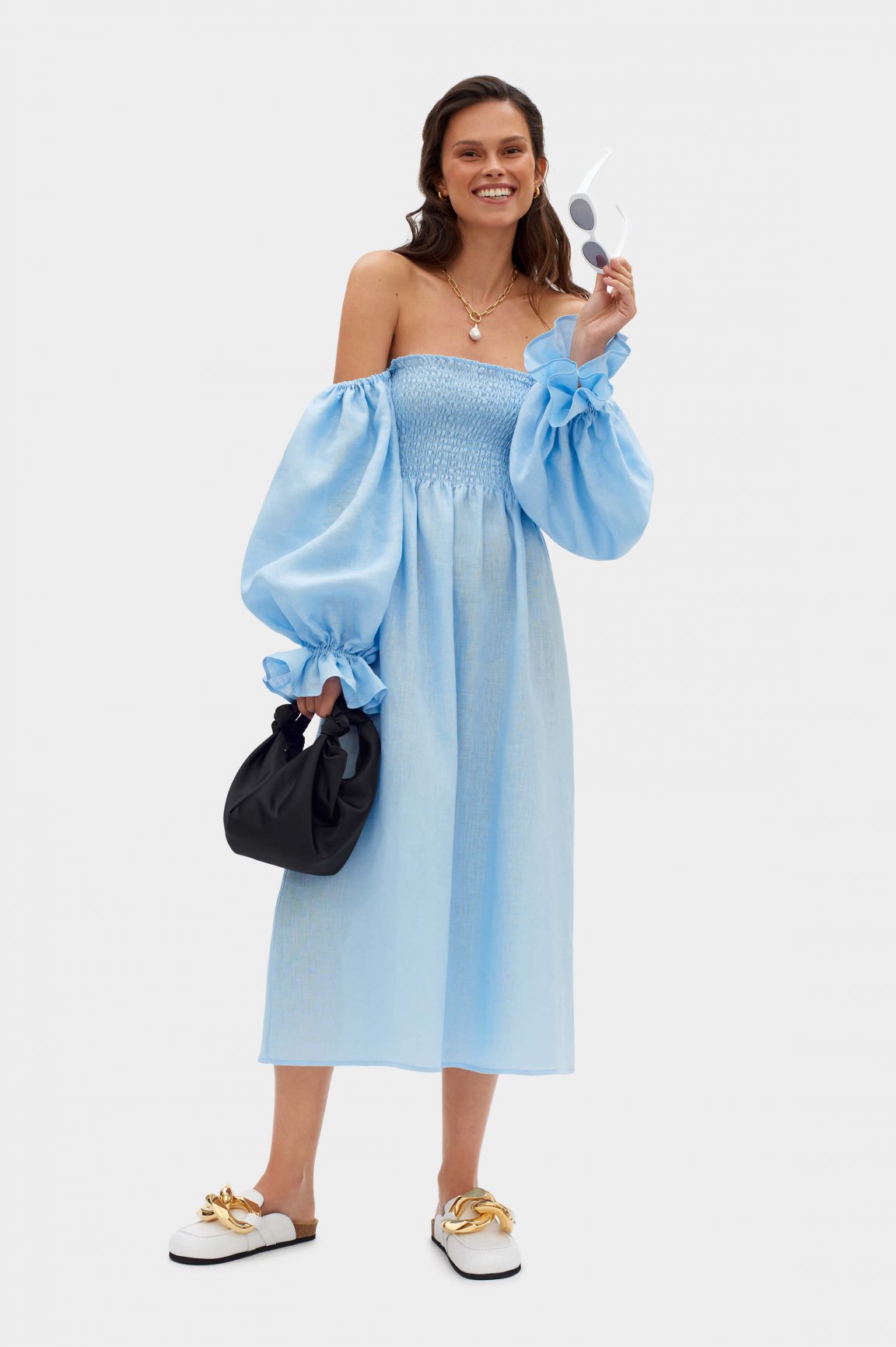 atlanta linen dress with rose detail in blue Atlanta Linen Dress with Rose Detail in Blue main image 1