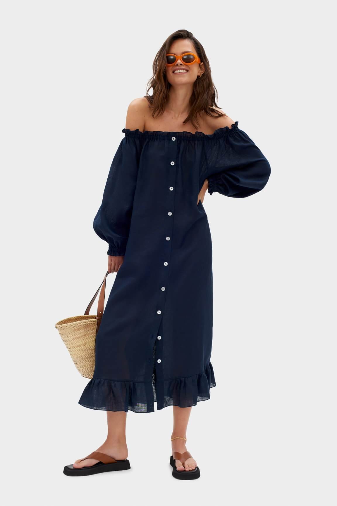 knee length dresses for ladies SLEEPER ATLANTA OFF-THE-SHOULDER SHIRRED GINGHAM LINEN MIDI DRESS –  Uberchique main image 0